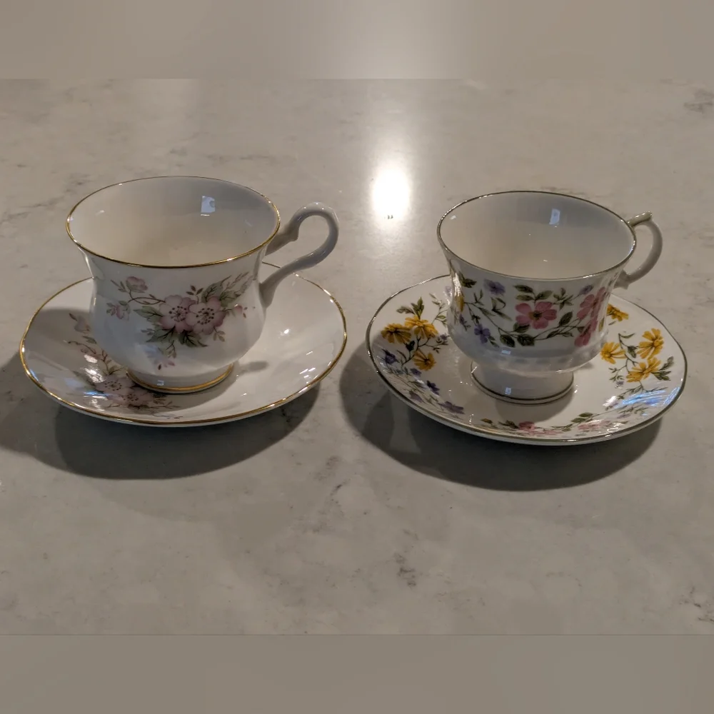 Set of 2 Porcelain Teacups and Saucers. New